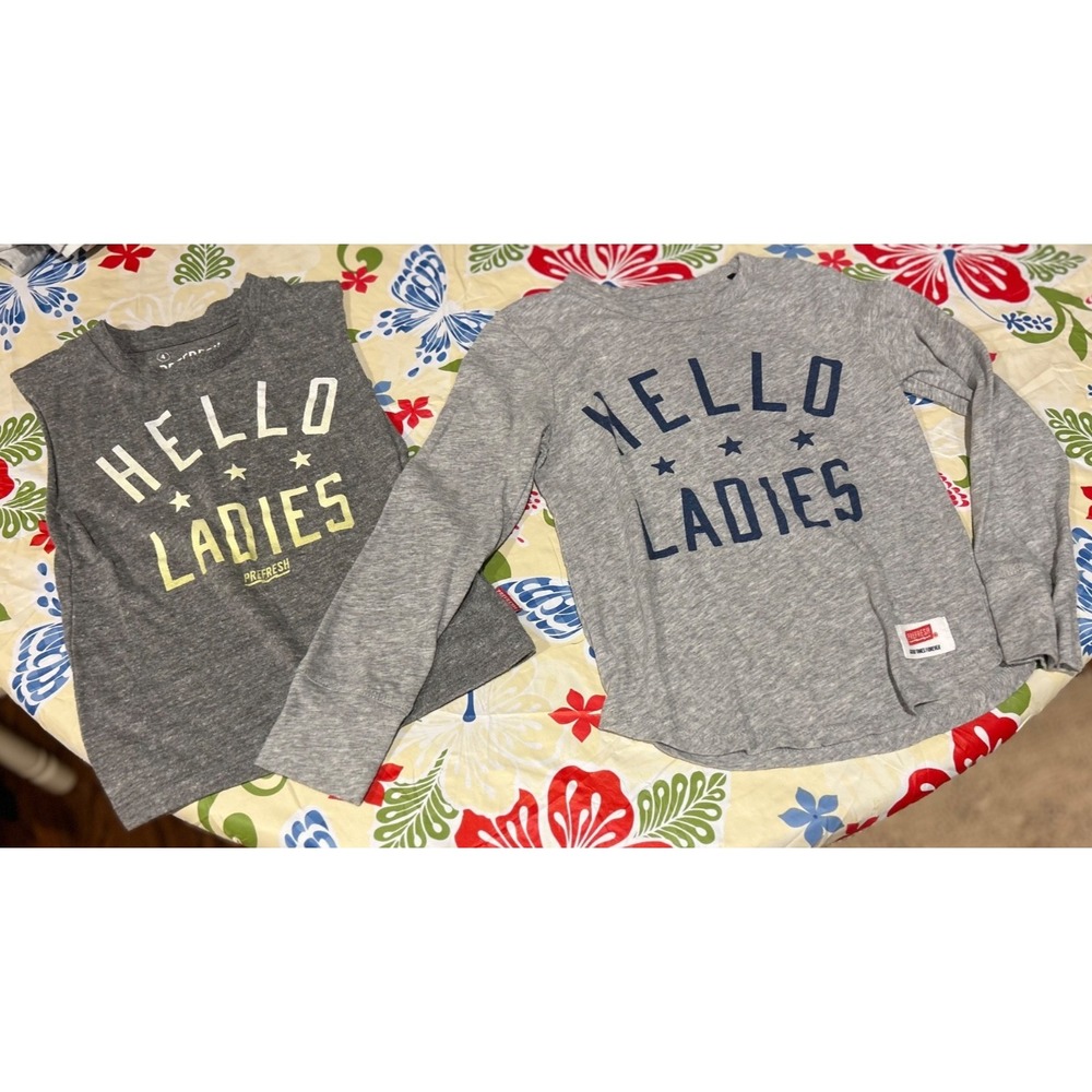 Lot of 2 Prefresh Brand Gray Tank & Tee Hello Ladies Graphic Shirts Sz 4 EUC